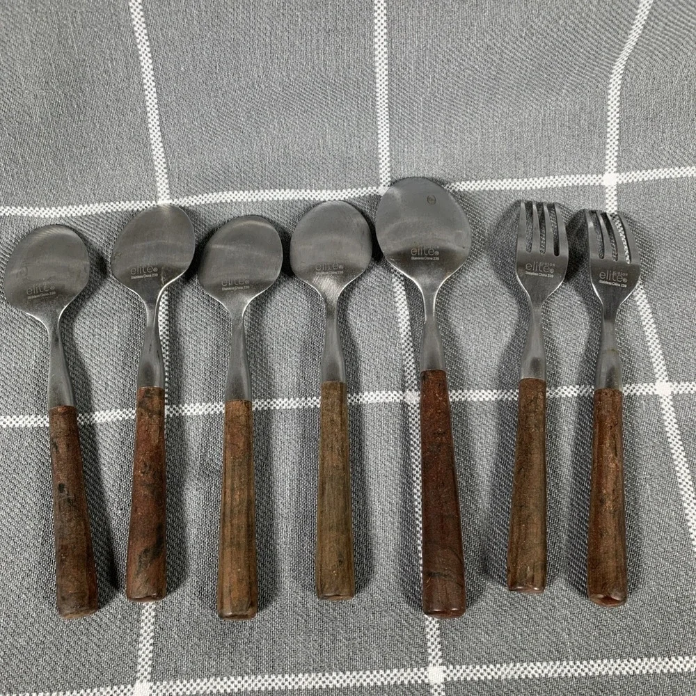 Vintage Gibson Elite Flatware 7pc Brown Handle MCM Stainless Dining 1960s